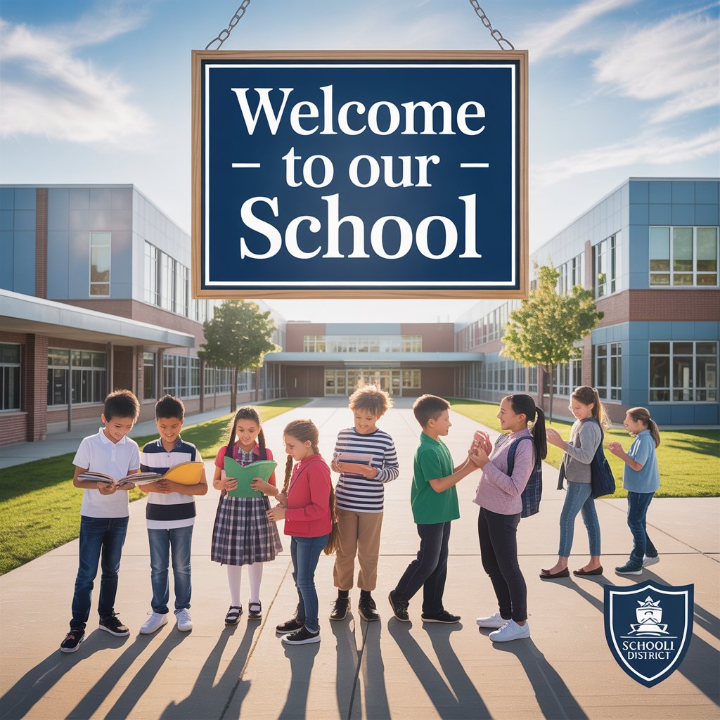 A group of cheerful elementary school students gather outside a modern school building, reading books and interacting under a large sign that reads “Welcome to our School.”