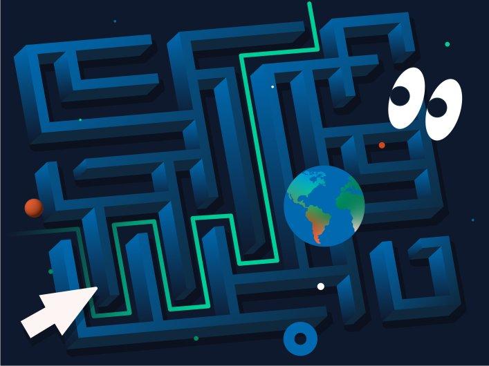 Illustration mit einem Labyrinth-Rätsel, durch das sich eine grüne Linie von einem zum anderen Ende zieht.