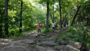 People hiking at Ralph Stover State Park.