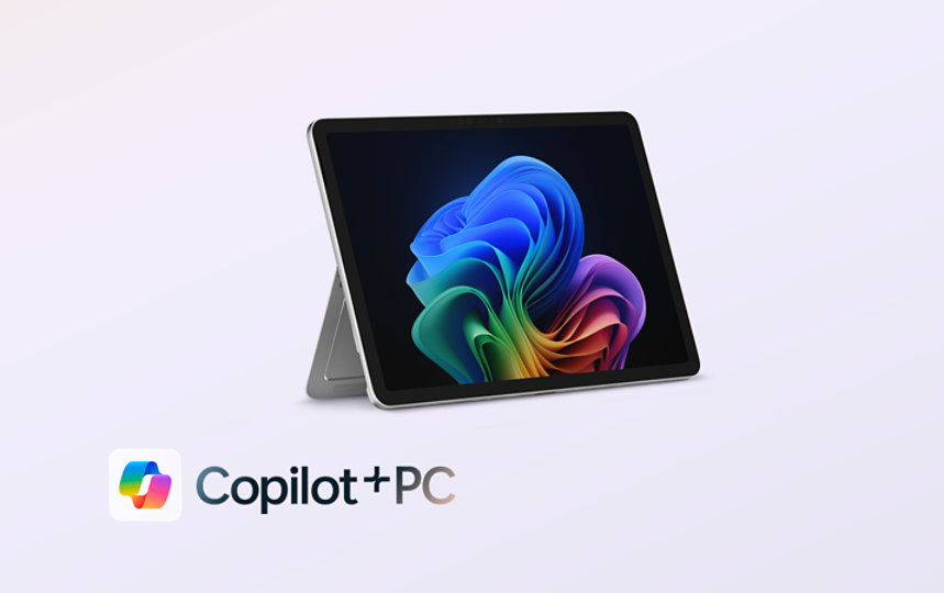 An angled view shows a Surface Pro, Copilot+ PC, 12-inch in the color Platinum with the kickstand engaged.