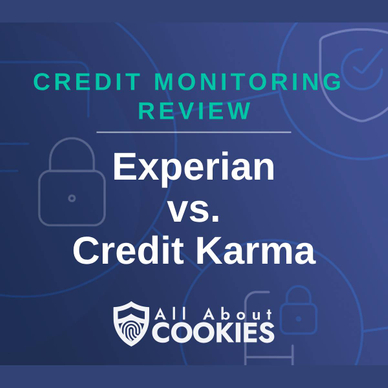 A blue background with images of locks and shields and the text &quot;Experian vs. Credit Karma&quot;