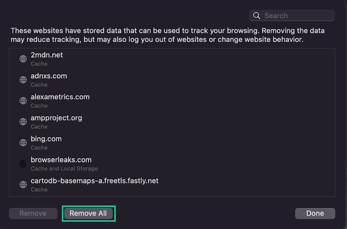 Click Remove All in your Manage Website Data menu to delete all cookies in Safari.