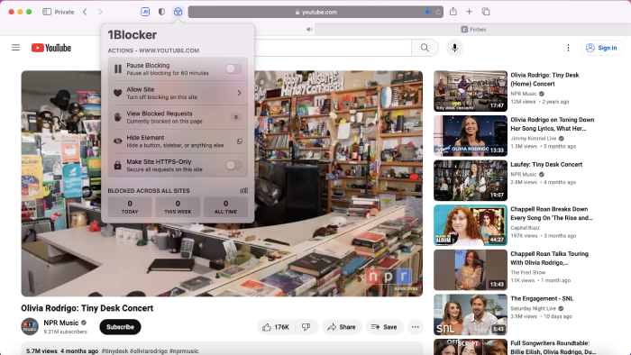 A Tiny Desk concert with the 1Blocker extension in the foreground.
