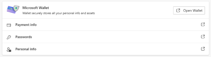 Microsoft Wallet settings