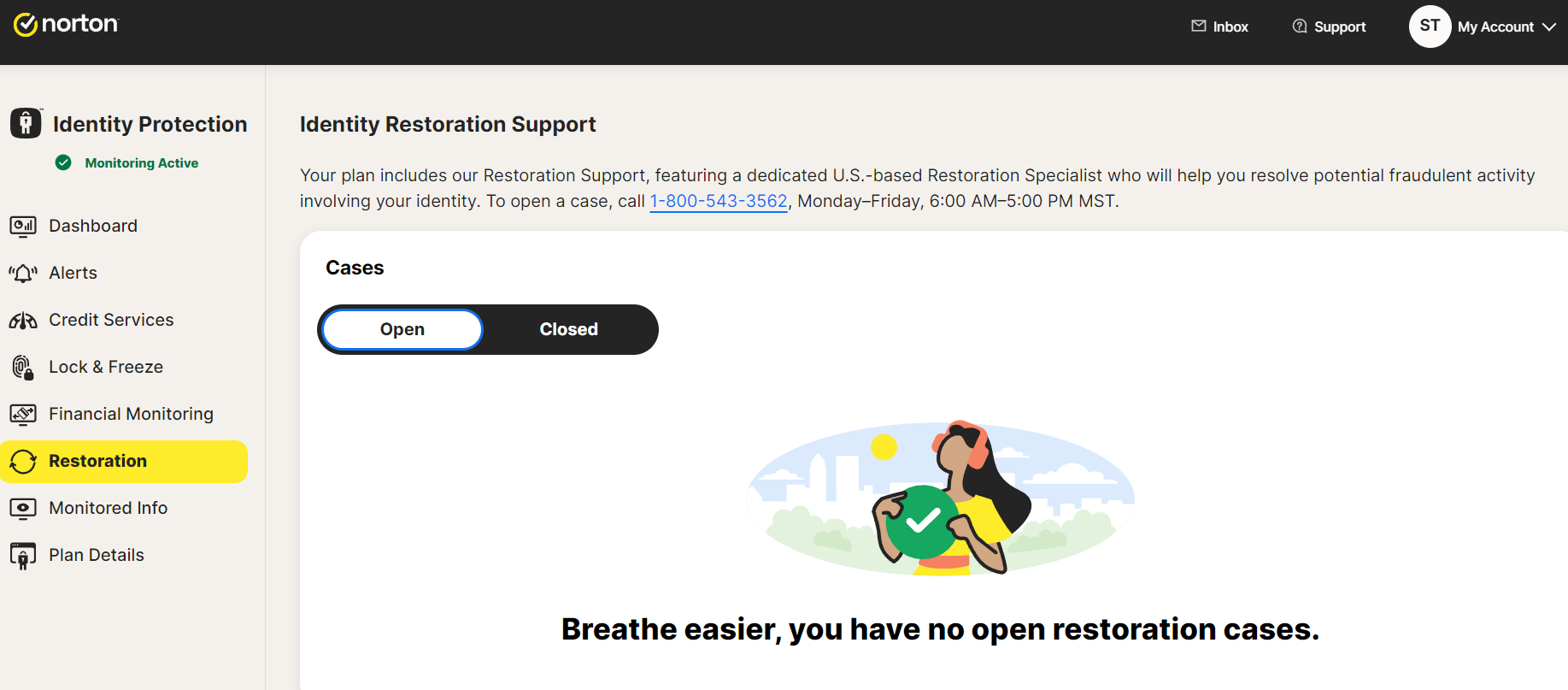 LifeLock Restoration services tab