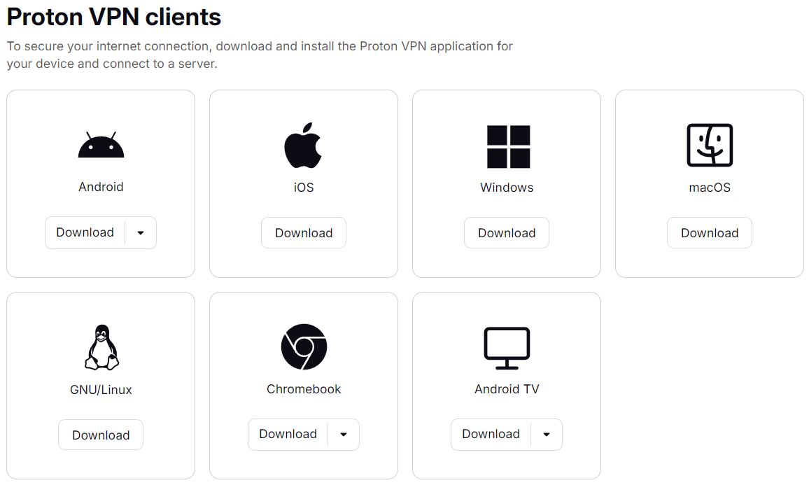 Proton VPN clients download page