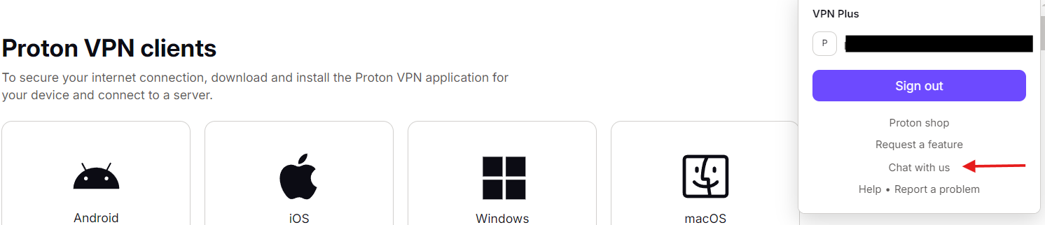 Proton VPN dropdown with an arrow pointing at "Chat with us"