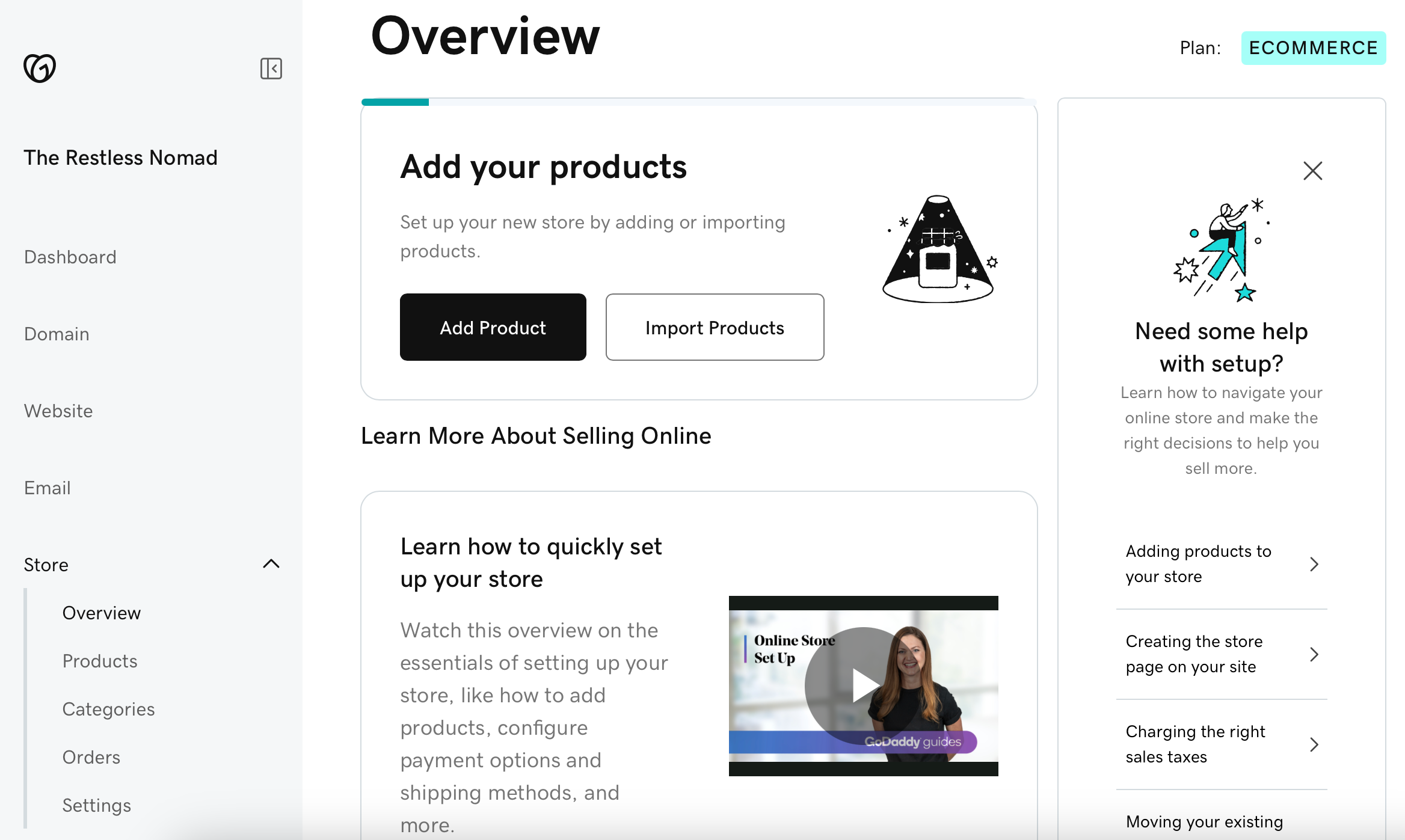 Screenshot of GoDaddy ecommerce dashboard for All About Cookies test website