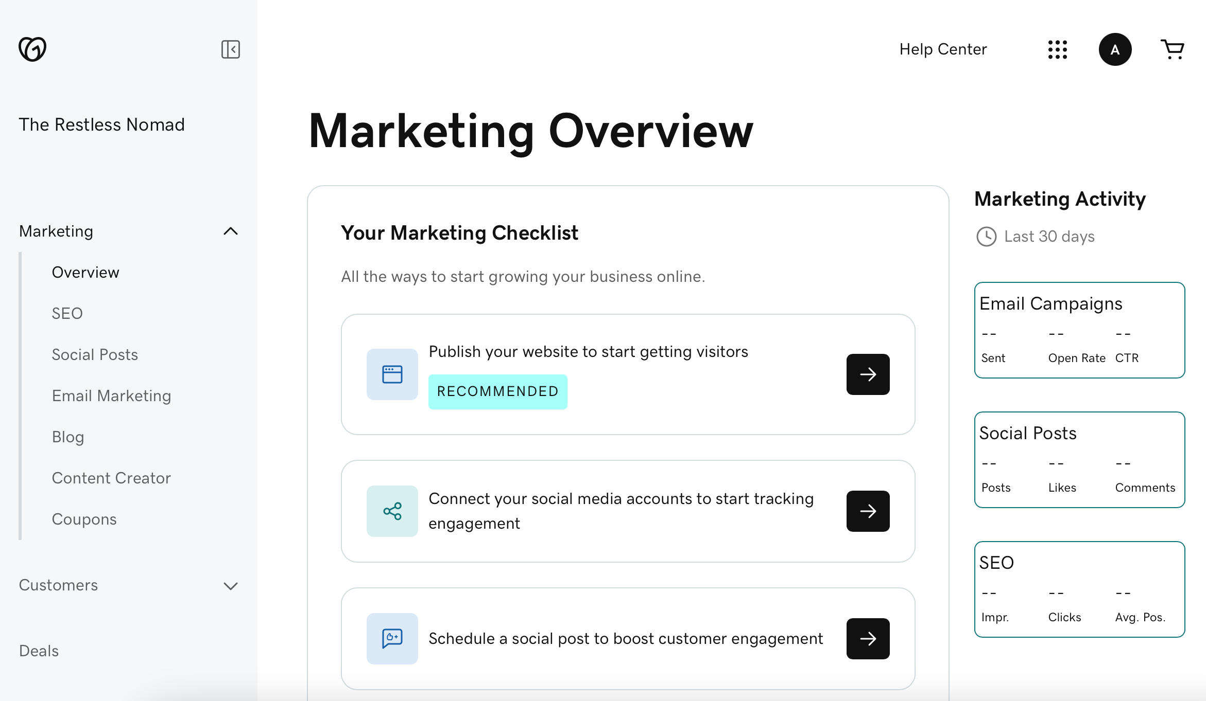 Screenshot of GoDaddy marketing dashboard for All About Cookies test website