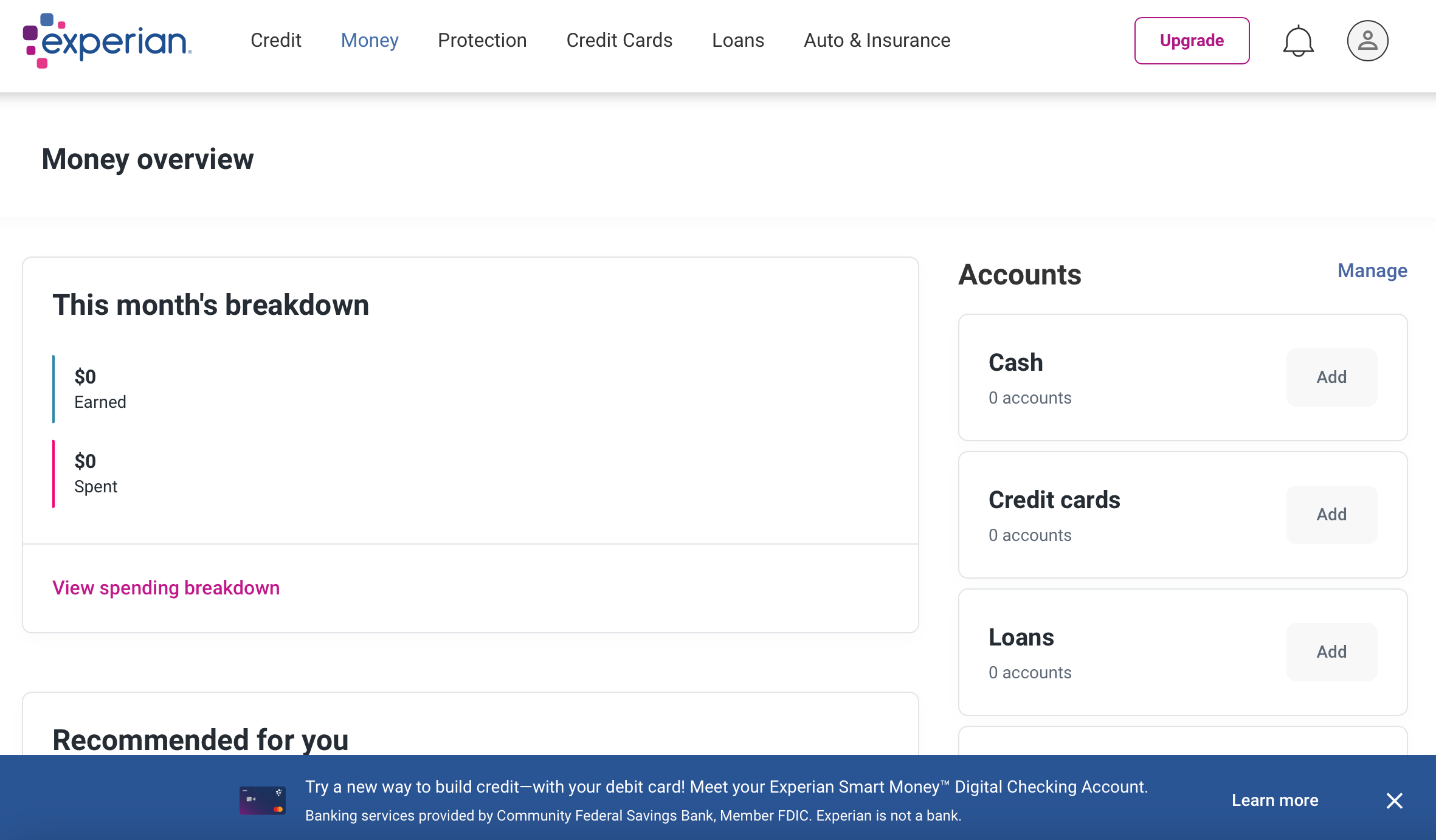 Screenshot of Experian Money dashboard for All About Cookies review