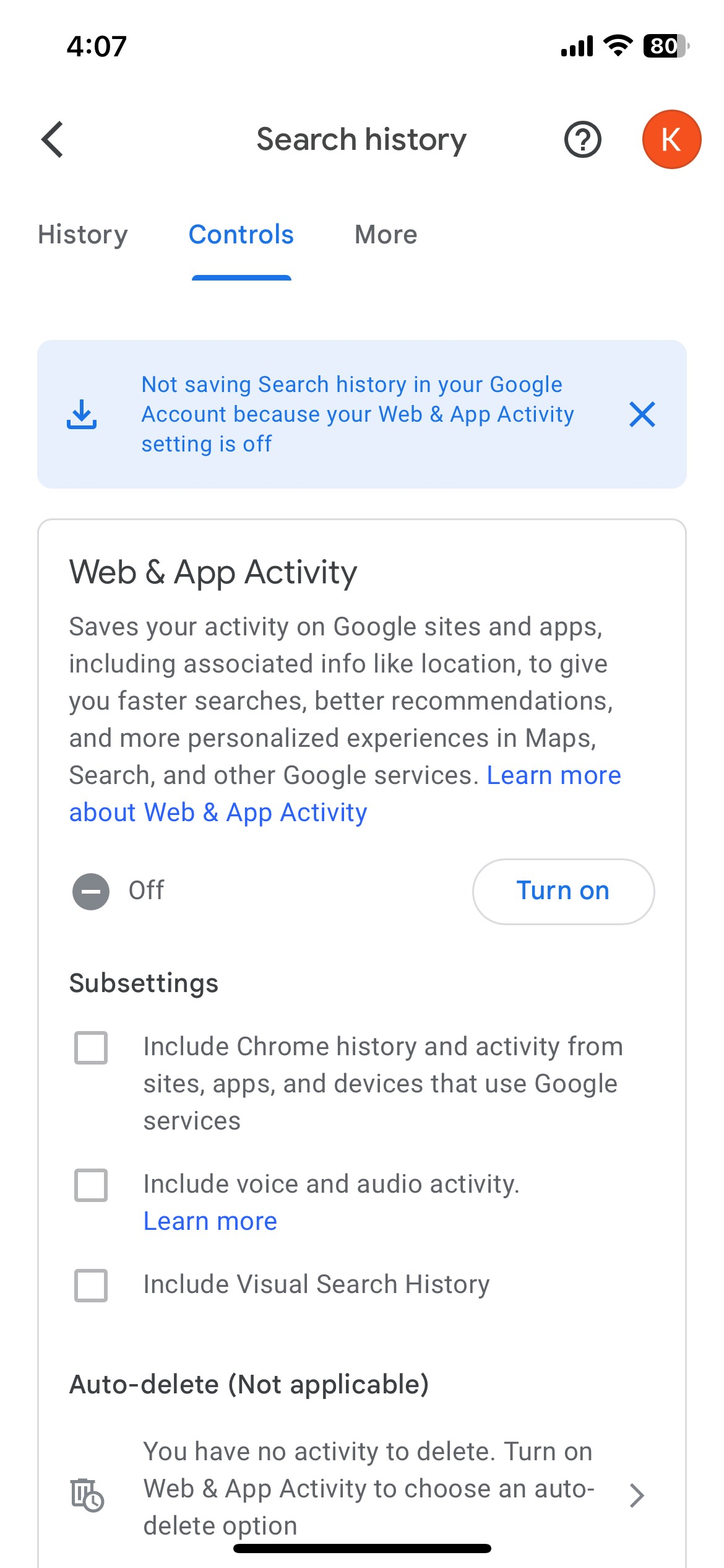 Customize Google app to not save web and app activity