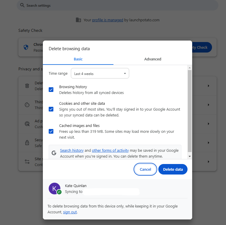 delete history and cache Google Chrome
