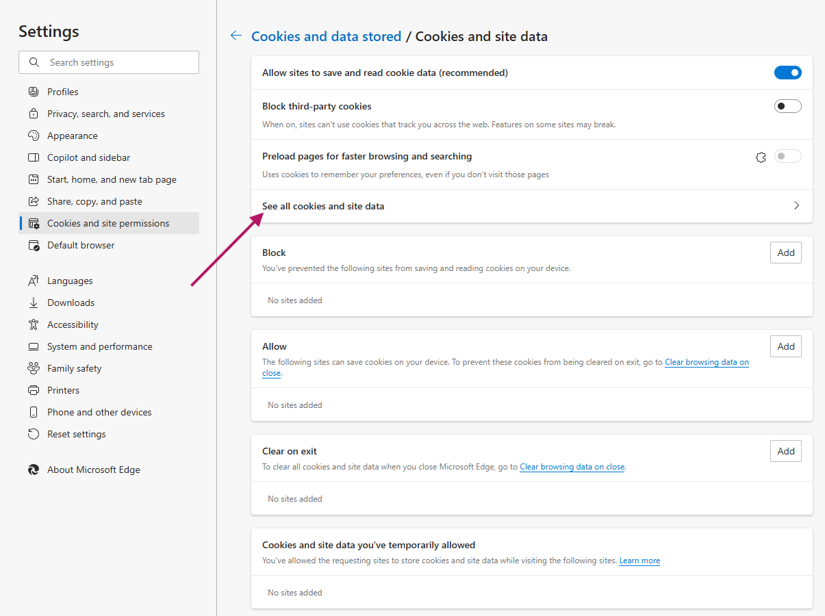 Advanced cookie and site data management Microsoft Edge