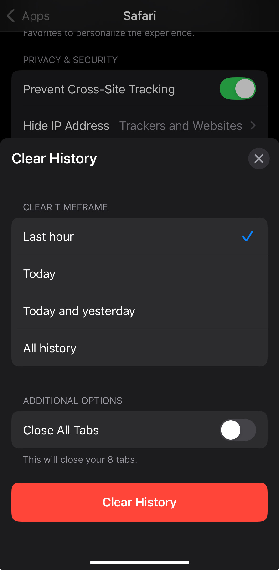 Select time range to clear history on Safari for iOS