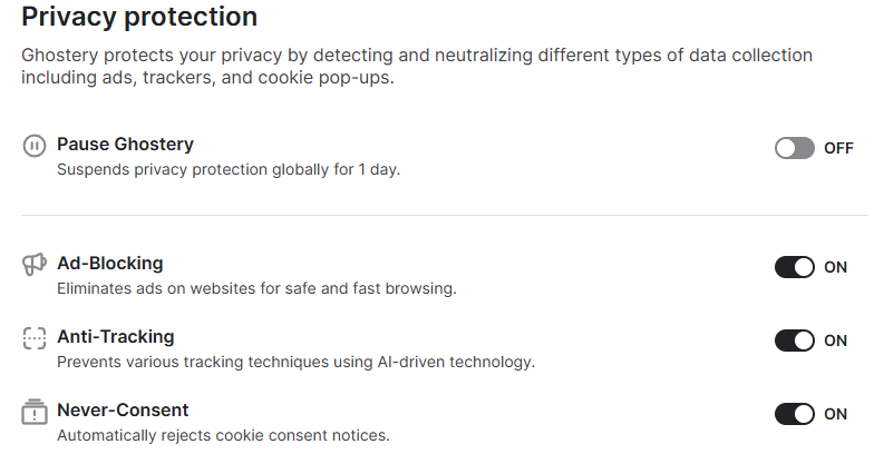Ghostery privacy protection settings