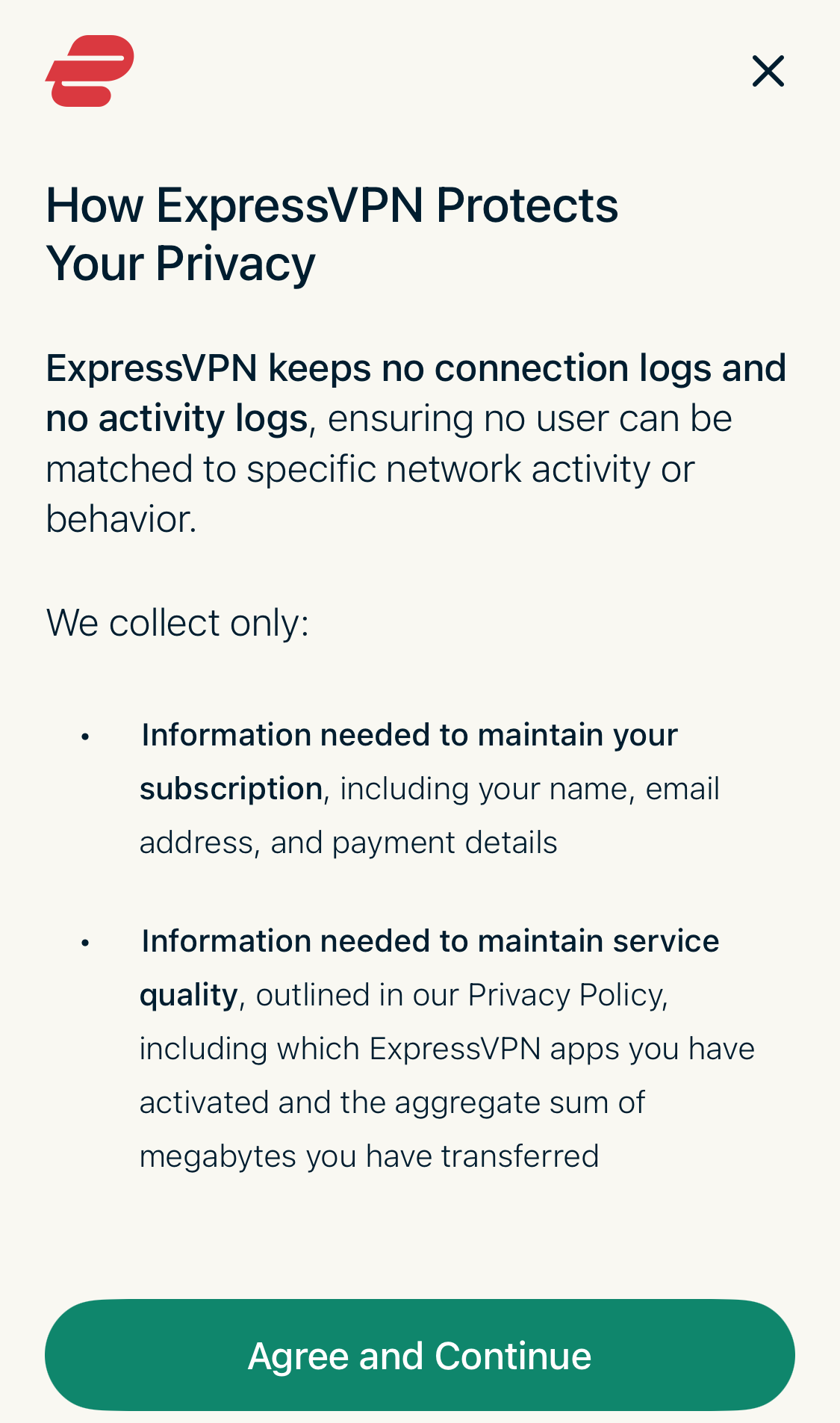 ExpressVPN mobile app setup describing its no-logs policy