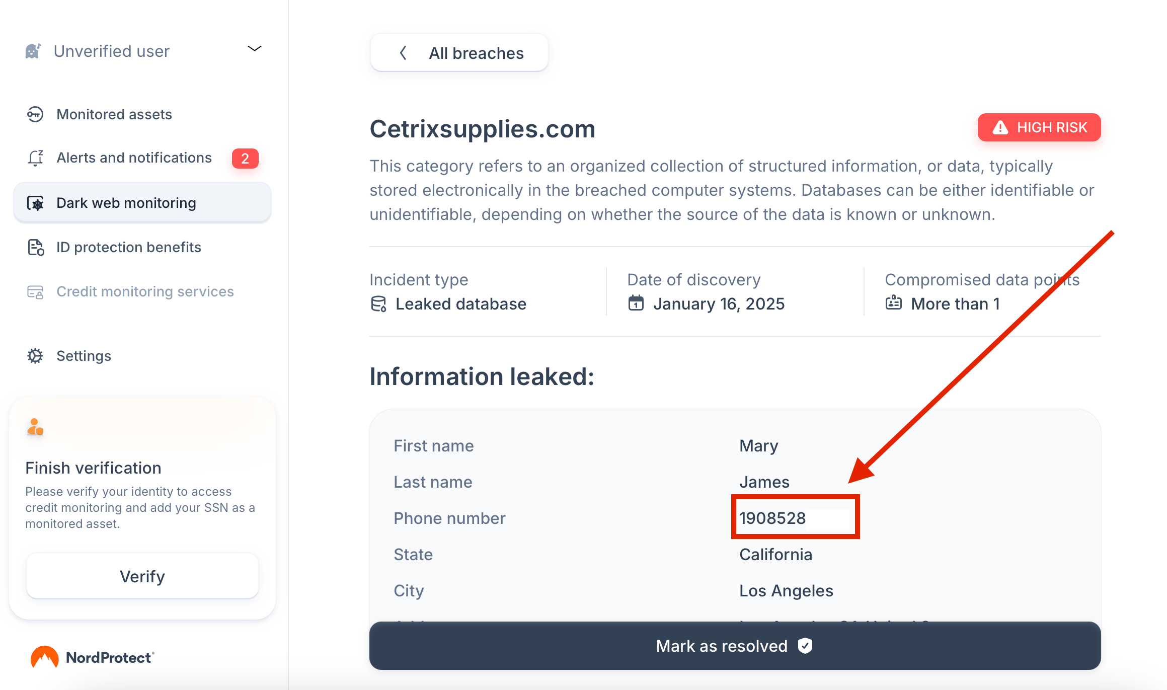 NordProtect dark web alerts for All About Cookie review