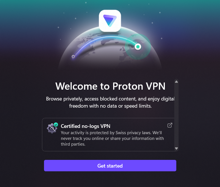 Proton VPN welcome page sharing details on its no-logs policy