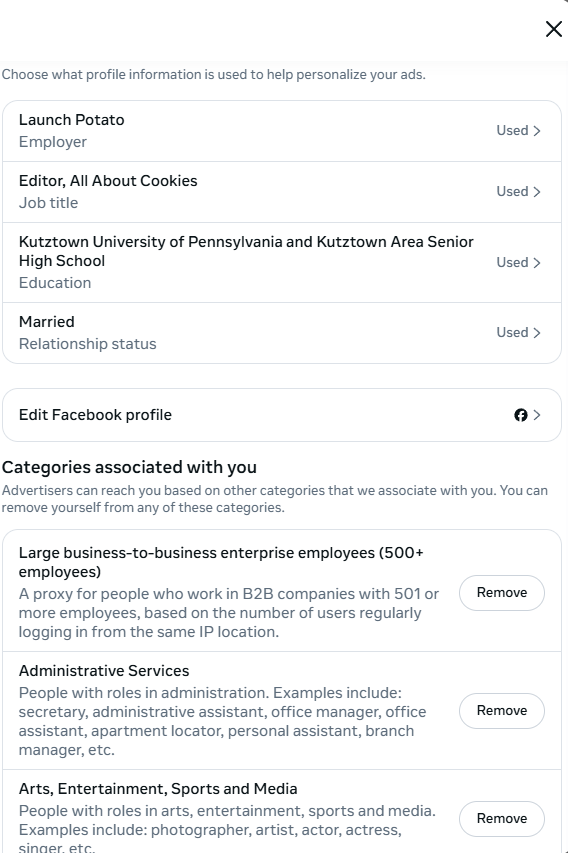 Customize categories in Meta Accounts Center