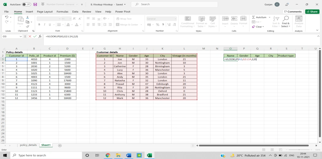 Vlookup() , excel for data analytics