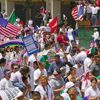 Hundreds of thousands of immigrants participate in march for Immigrants and Mexicans protesting against Illegal Immigration reform by U.S. Congress, Los Angeles, CA, May 1, 2006