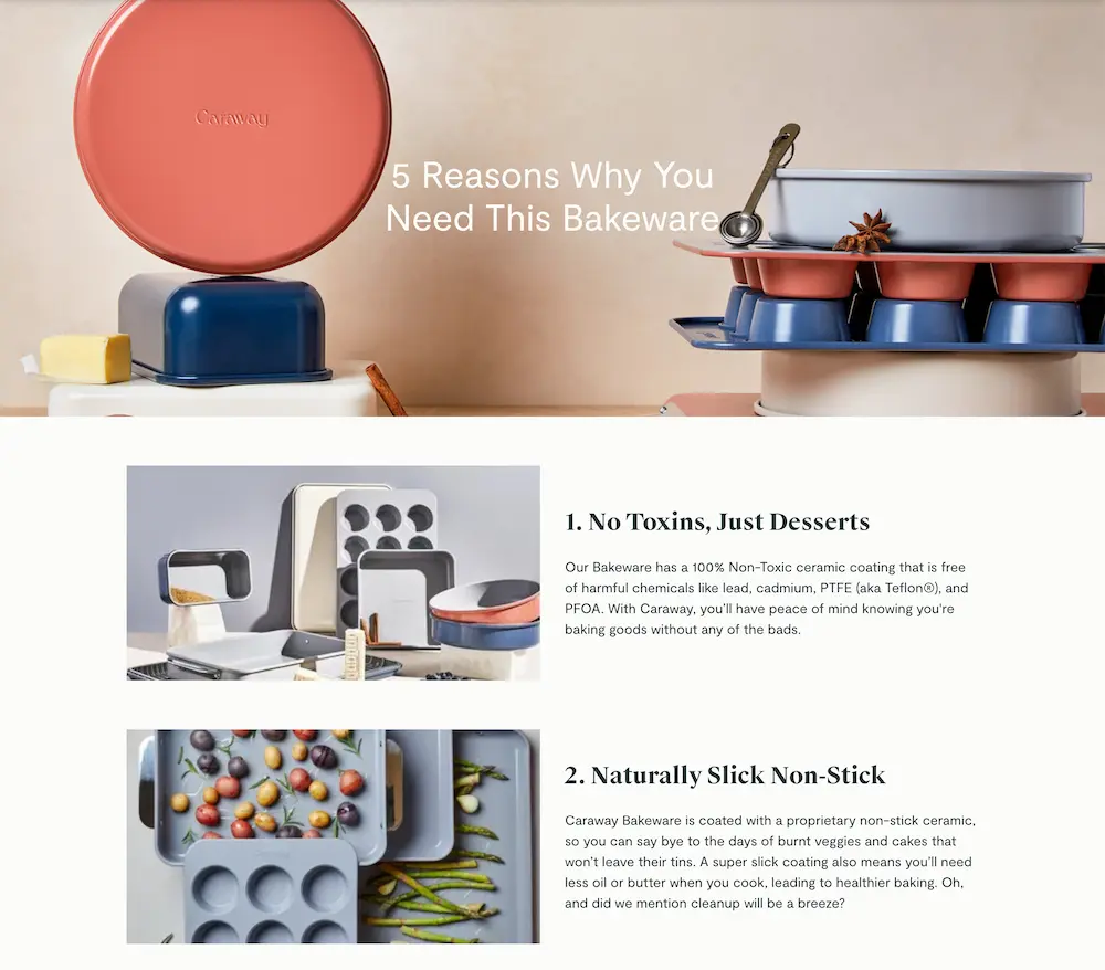 Caraway's listicle landing page titled "5 Reasons Why You Need This Bakeware". The first two list items cover the products' non-toxic materials and nonstick properties.
