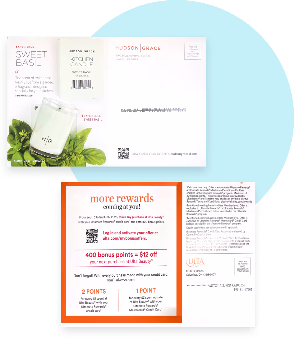 Promotional mailers for Hudson Grace Sweet Basil Kitchen Candle and Ulta Beauty rewards program featuring special offers and product details.