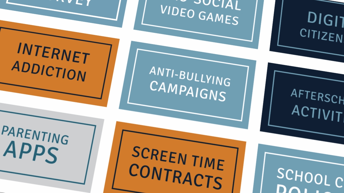 A graphic showing the screenagers resources page menu, with topics such as "Anti-Bullying Campaigns", "internet addiction" and "Parenting Apps"