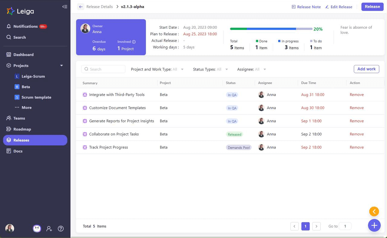 view by release screenshot to help manage releases inside the software
