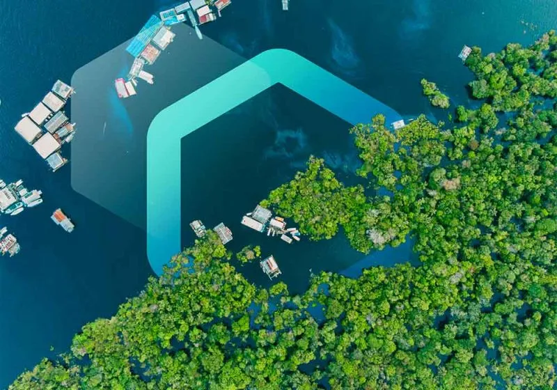 overhead shot of a lake with boats and trees and a hexagon overlaid