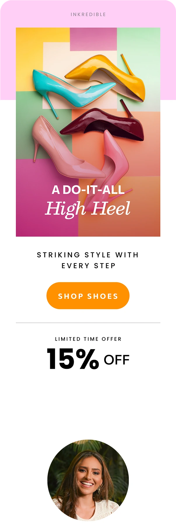 Four colorful patent leather high heels in yellow, turquoise, burgundy, and pink arranged on a geometric pastel background with text promoting a 15% off shoe sale.