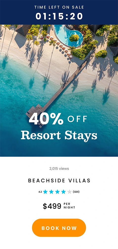 Aerial view of a tropical beach resort with a long wooden pier into turquoise water, showing 40% off resort stays with a countdown timer and booking details for beachside villas at $499 per night.