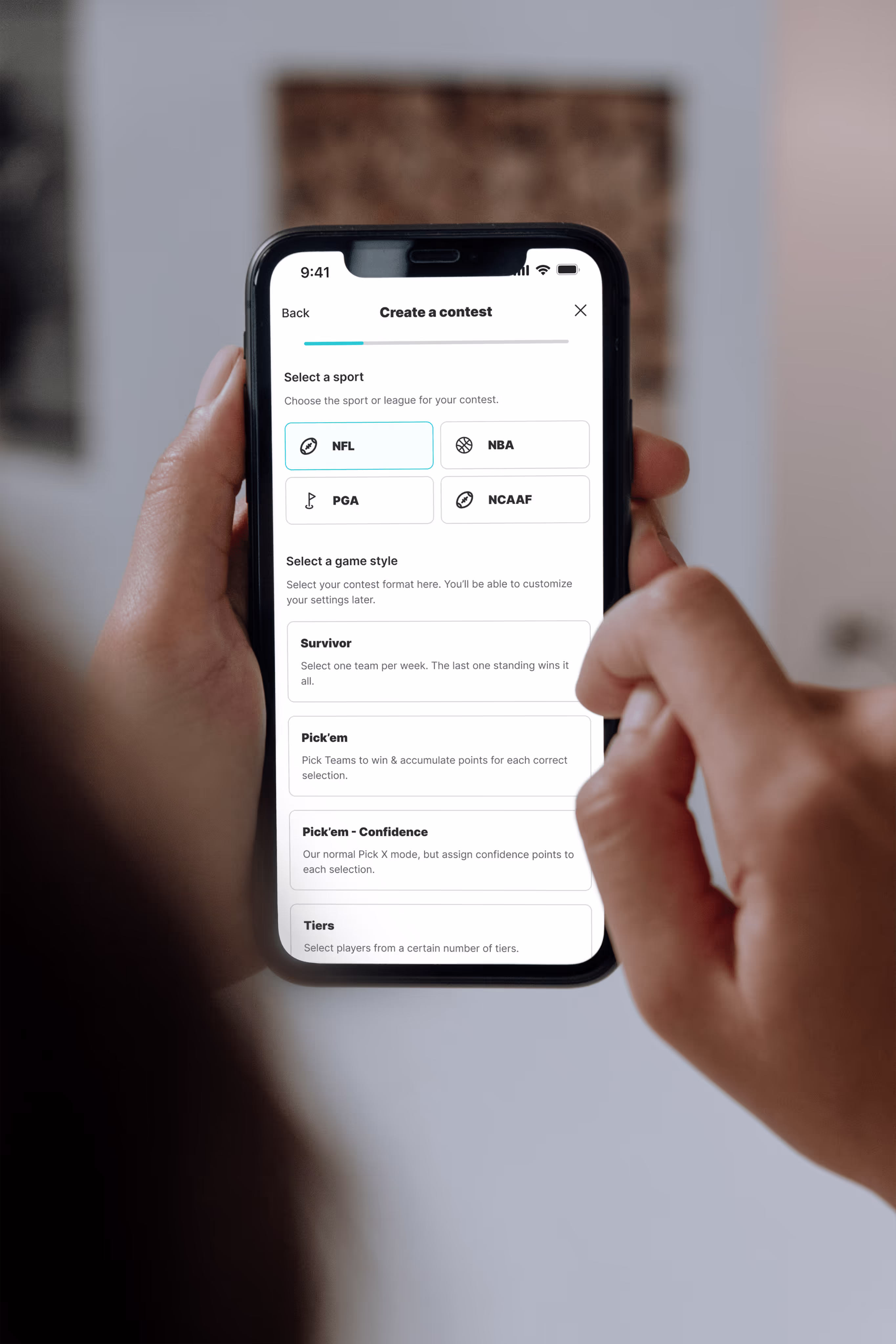 Mobile mockup showing the create a contest interface on the Splash Sports app