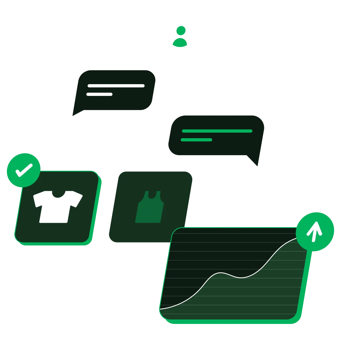 Illustration of a smartphone with icons of clothing items, chat bubbles, and a rising graph representing online shopping and communication.