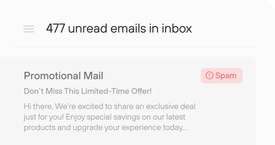 Email inbox interface showing 477 unread emails with a highlighted promotional mail marked as spam offering a limited-time deal with special savings.