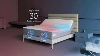 45-degree view of the Standard Climate360 smart bed, head is articulated up.