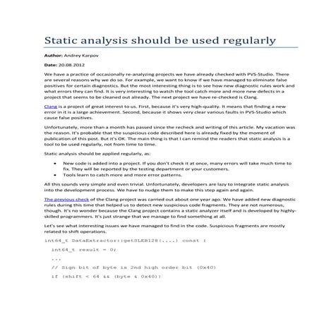 Static analysis should be used regularly