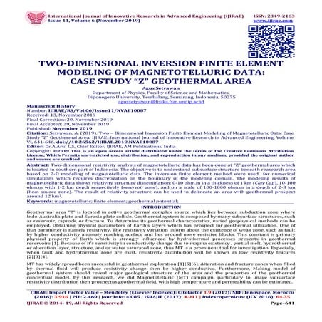 TWO-DIMENSIONAL INVERSION FINITE ELEMENT MODELING OF MAGNETOTELLURIC DATA: CA...