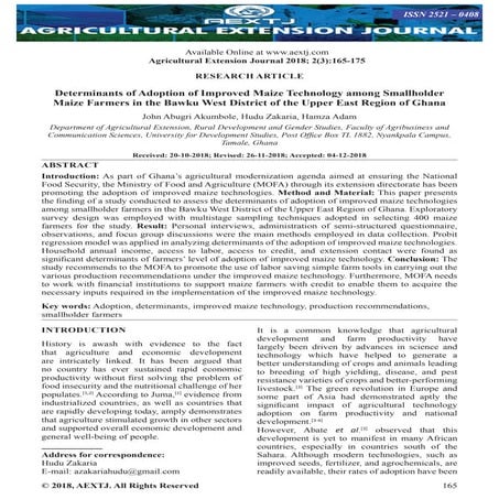 Determinants of Adoption of Improved Maize Technology among Smallholder Maize...