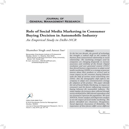 Role of Social Media Marketing in Consumer Buying Decision in Automobile Indu...