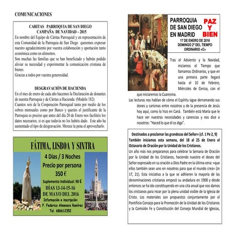HOJA PARROQUIAL DEL DOMINGO 2º DEL TO. CICLO C. DIA 17 DE ENERO DEL 2016