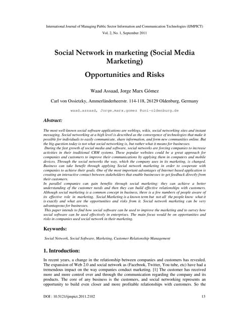 Social Network in marketing (Social Media Marketing) Opportunities and Risks