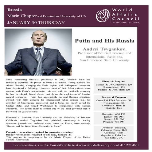 Putin and His Russia, 1.30 at the Marin Chapter of the World Affairs Council