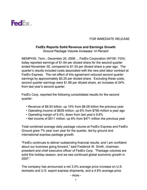 FedEx Reports Solid Revenue and Earnings Growth Dec 20, 2006