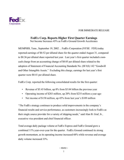 FedEx Corp. Reports Higher First Quarter Earnings Sep 19, 2002 