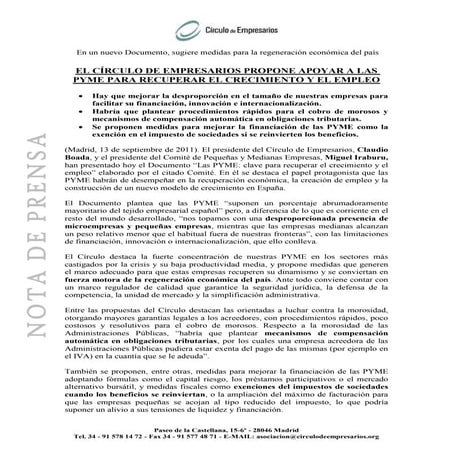 Nota prensa documento Las PYME: clave para recuperar el crecimiento y el empleo
