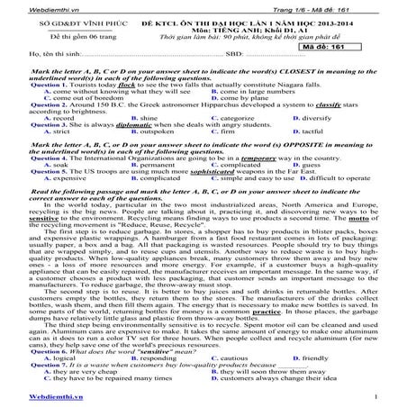 Bộ đề thi thử môn Tiếng Anh khối D, A1 có đáp án 2014 2015