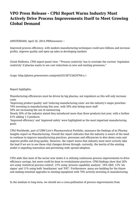 VPO Press Release - CPhI Report Warns Industry Must Actively Drive Process Im...