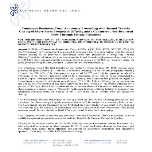 News Release:  Commerce Resources Corp. Proceeding with Second Tranche Privat...