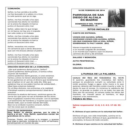 GUIÓN DE LA EUCARISTIA DEL DOMINGO VI DEL TO. CICLO A. DIA 16 DE FEBRERO DEL ...